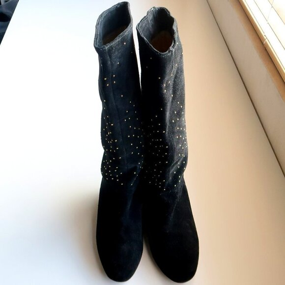 Anthropologie Matiko Black Suede Leather Gold Stud Wedge Heel Tall Boots Size 7 - Picture 9 of 13